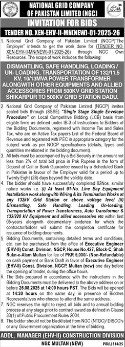 National Grid Company of Pakistan Limited Multan Tender Notice